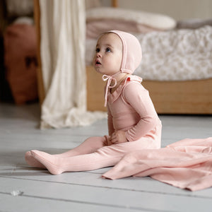 Petal pink raised knit footie and bonnet