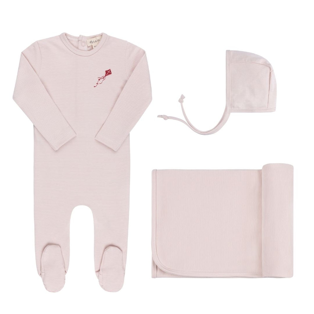 Organic french terry kite layette set - pink stripes