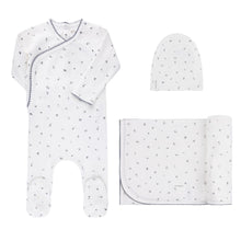 Load image into Gallery viewer, Organic cotton cluster flower collection layette set - Ivory/blue
