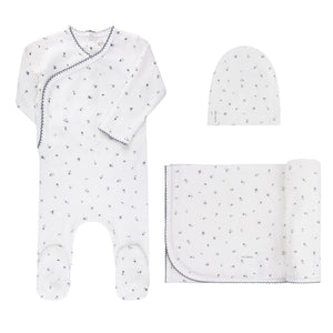 Organic cotton cluster flower collection layette set - Ivory/blue