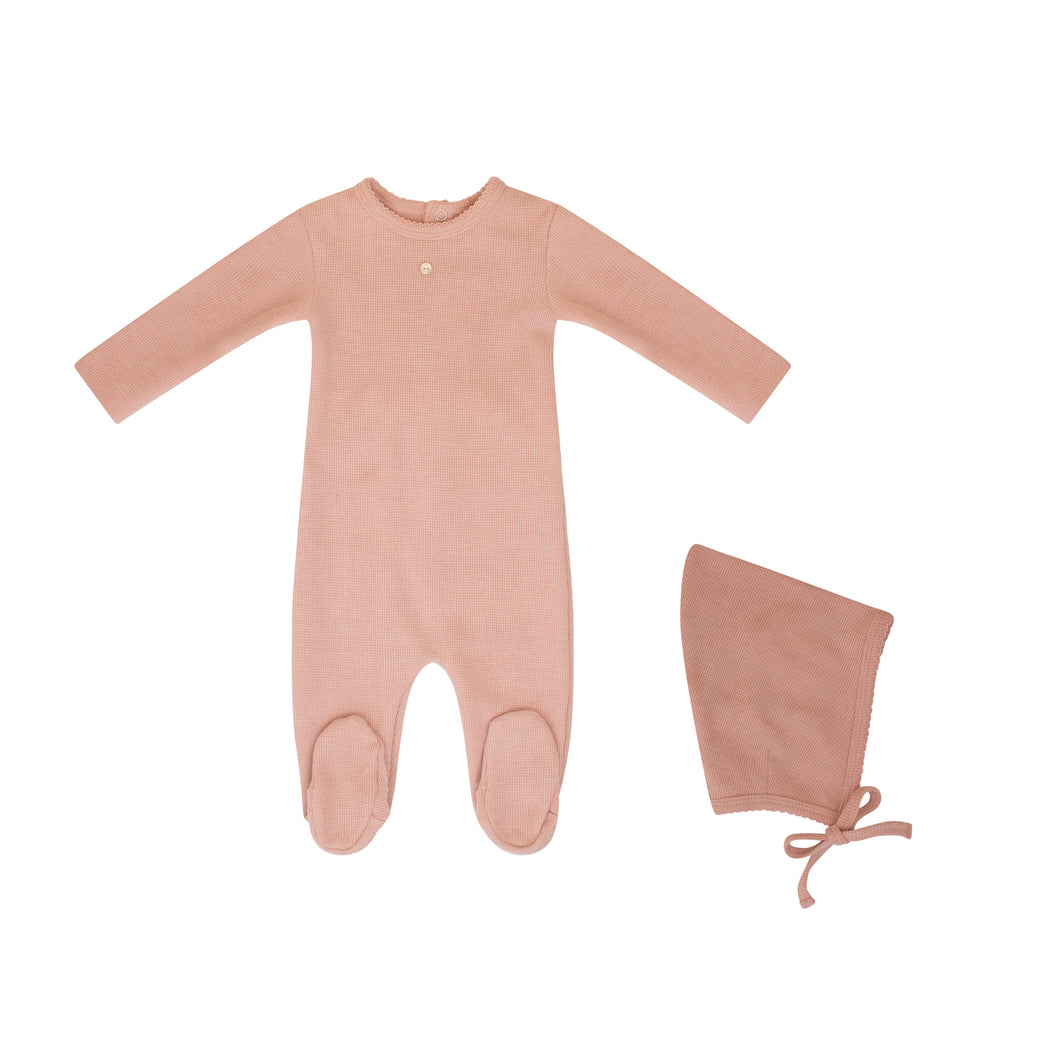 Waffle scallop footie and bonnet - Pink TD2810