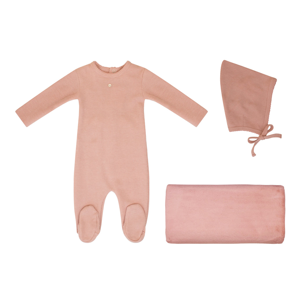 Waffle scallop layette set with fur blanket - Pink TD2810