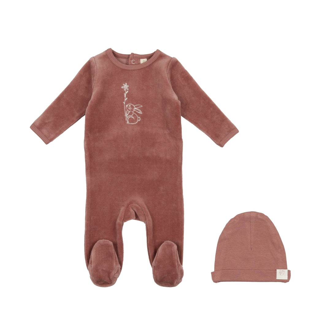 Velour bunny footie and cotton beanie with flower - rosewood