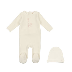 Velour bunny footie and cotton beanie with flower - white