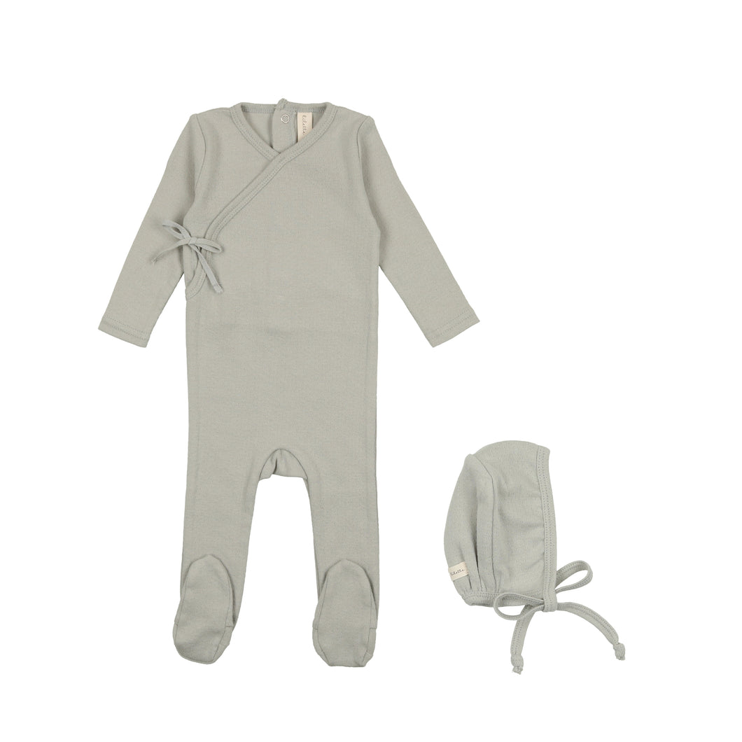 Pinpoint wrapover footie and bonnet - sea blue