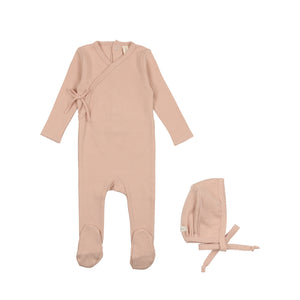 Pinpoint wrapover footie and bonnet - shell pink