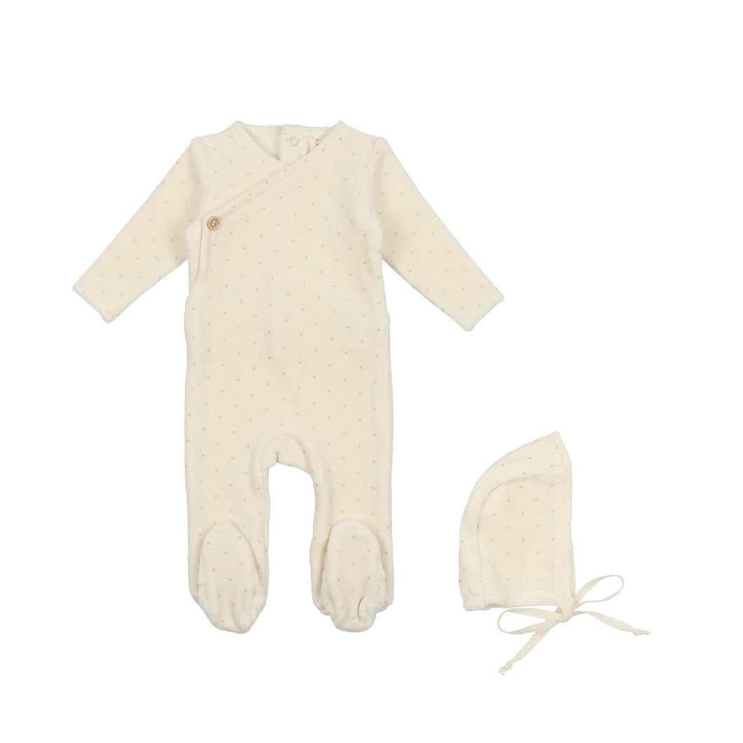 Velour button wrap footie and bonnet - cream/pink dot