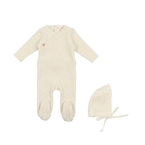 Velour button wrap footie and bonnet - cream/taupe dot
