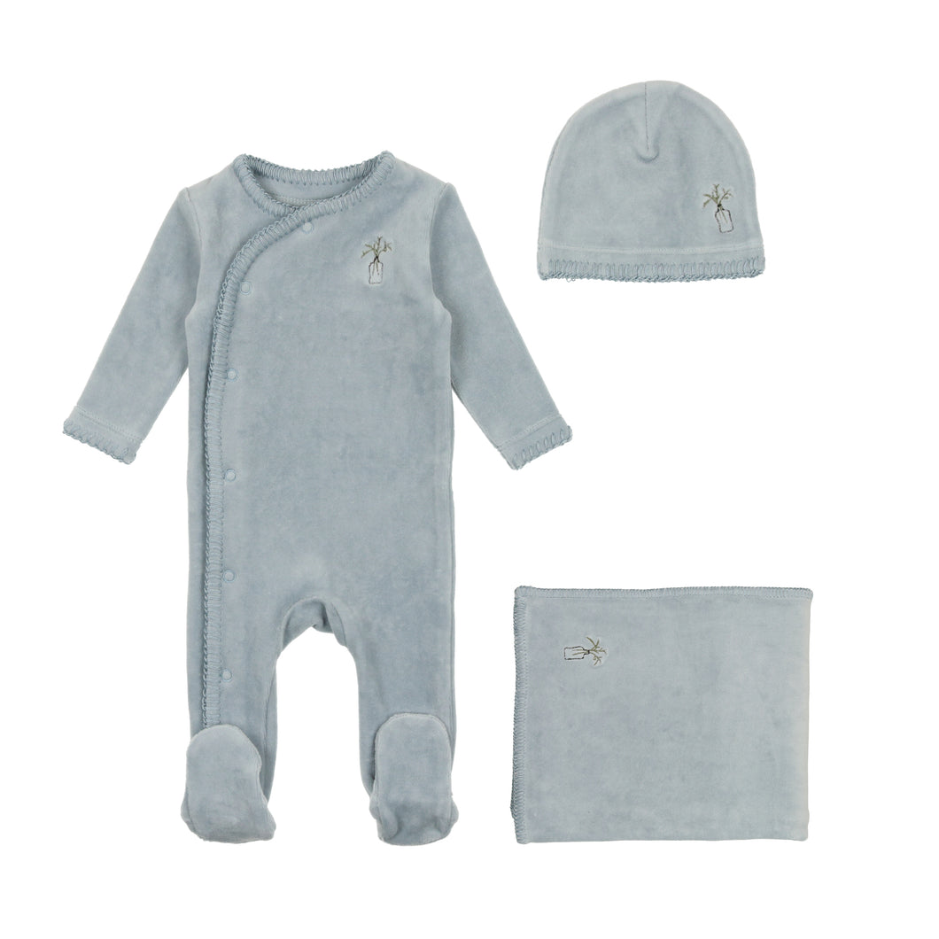 Velour embroidered edge layette set - cloud blue