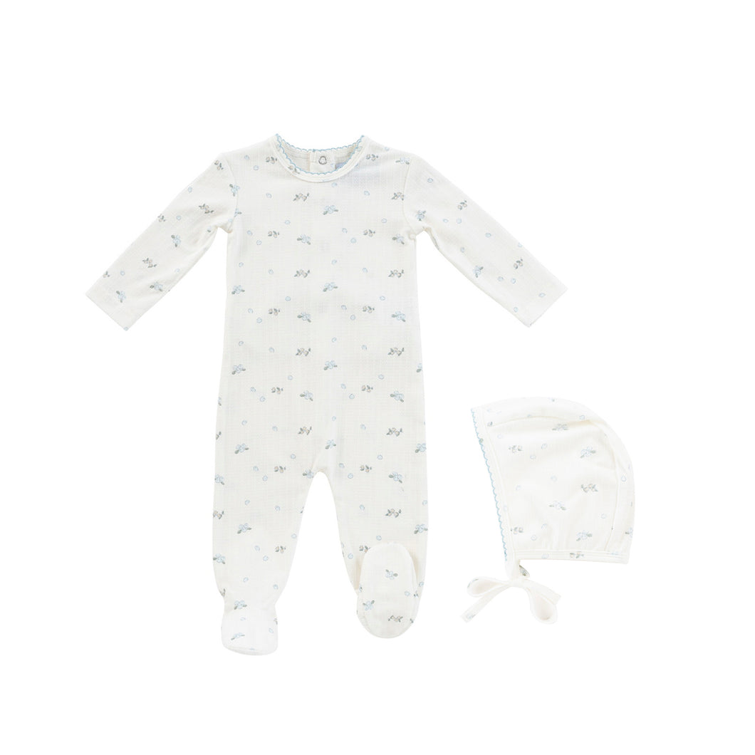 Berry pattern footie and bonnet - Blue