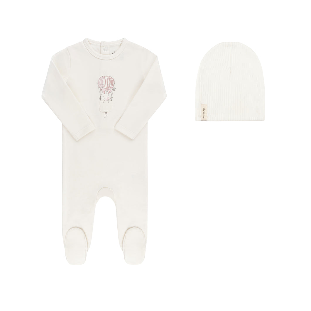 French terry hot air balloon footie and beanie - Ivory/Pink