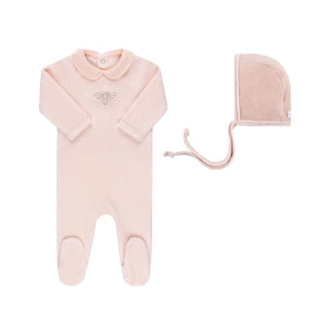 Velour embroidered metallic bee footie and bonnet - Pink