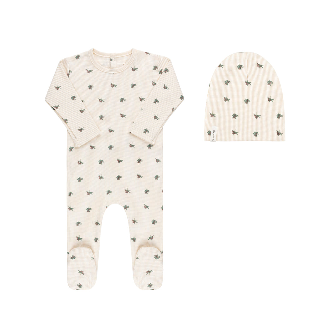 Waffle olive footie and beanie - Plum on cream
