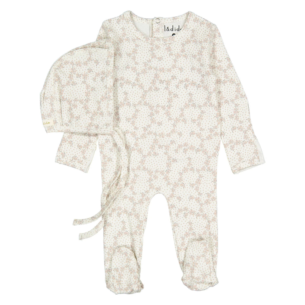 Pink vintage vine footie and hat set