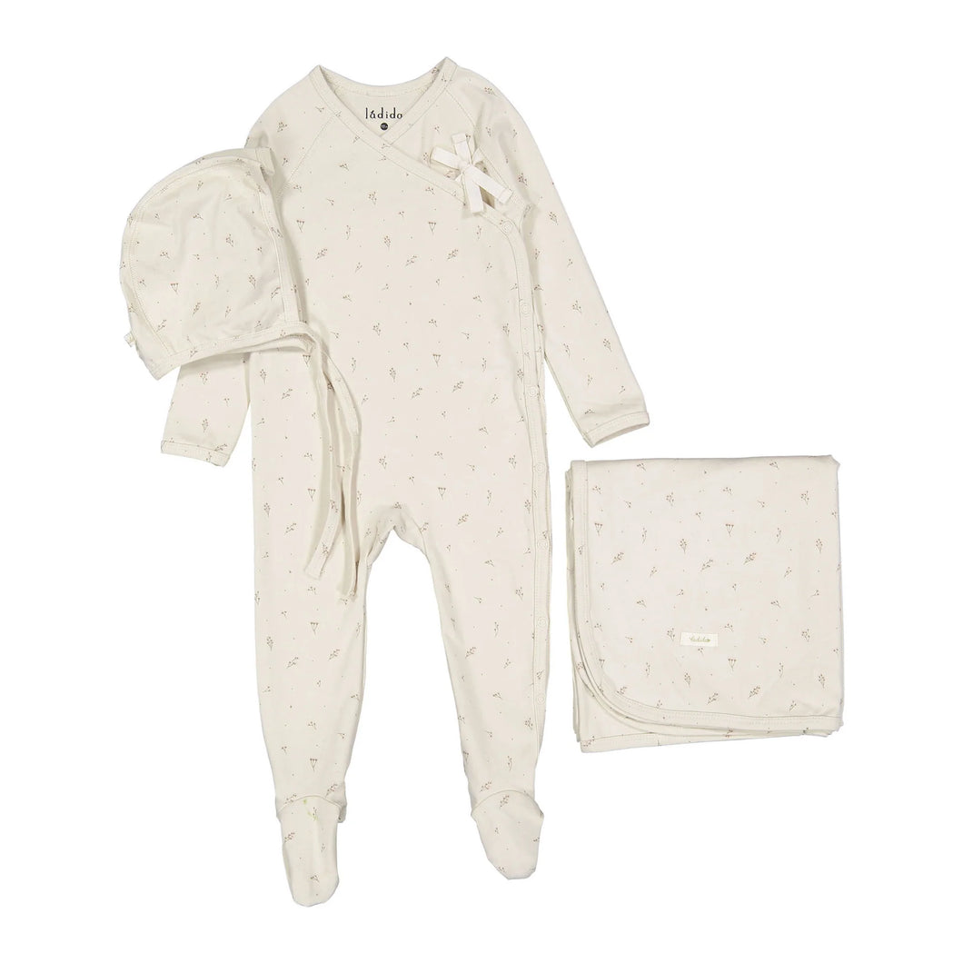Blush tiny bud print wrap tie layette set