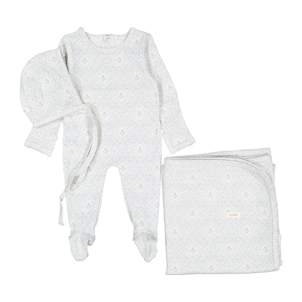 Sky damask print layette set