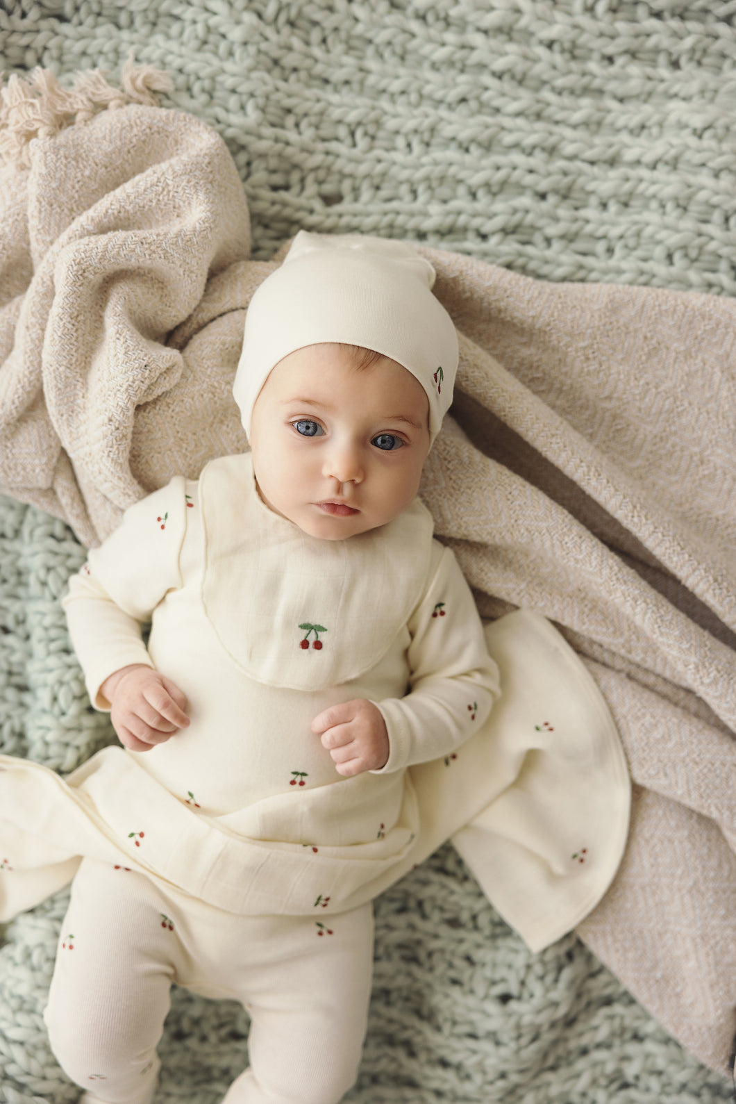 Scattered cherry layette set - ivory/red