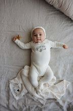 Load image into Gallery viewer, Stitched graphic velour footie set - Cream/blue
