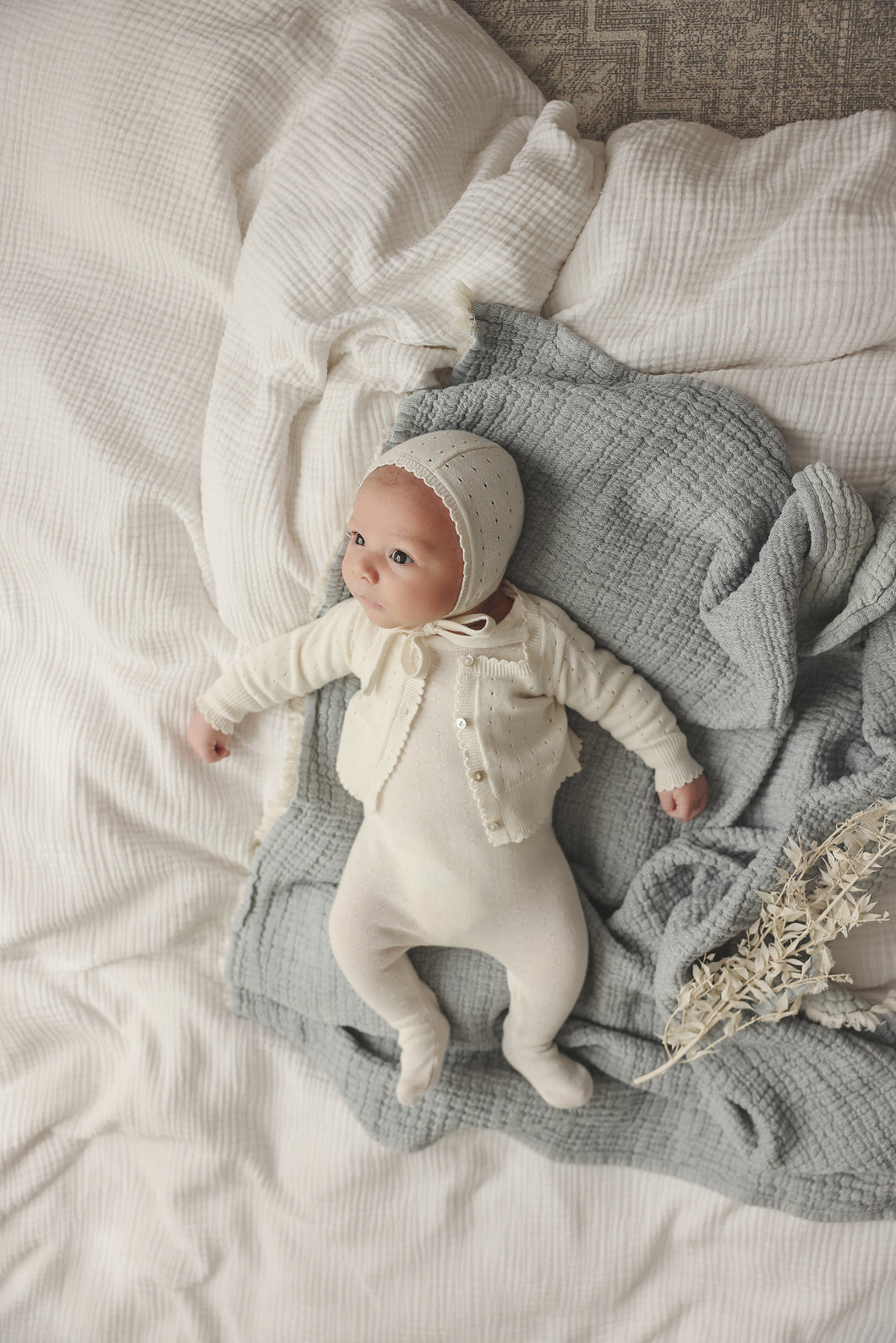 Dotted knit footie and bonnet - Cream