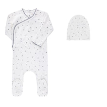 Load image into Gallery viewer, Organic cotton cluster flower collection footie and beanie - Ivory/blue
