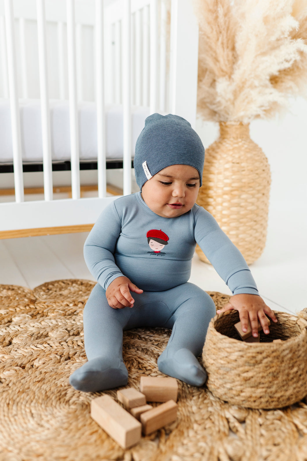 Organic french terry french boy footie and beanie - Blue