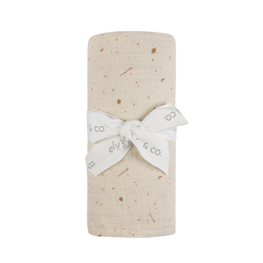 Brushed cotton celestial muslin swaddle - Nougat on cream