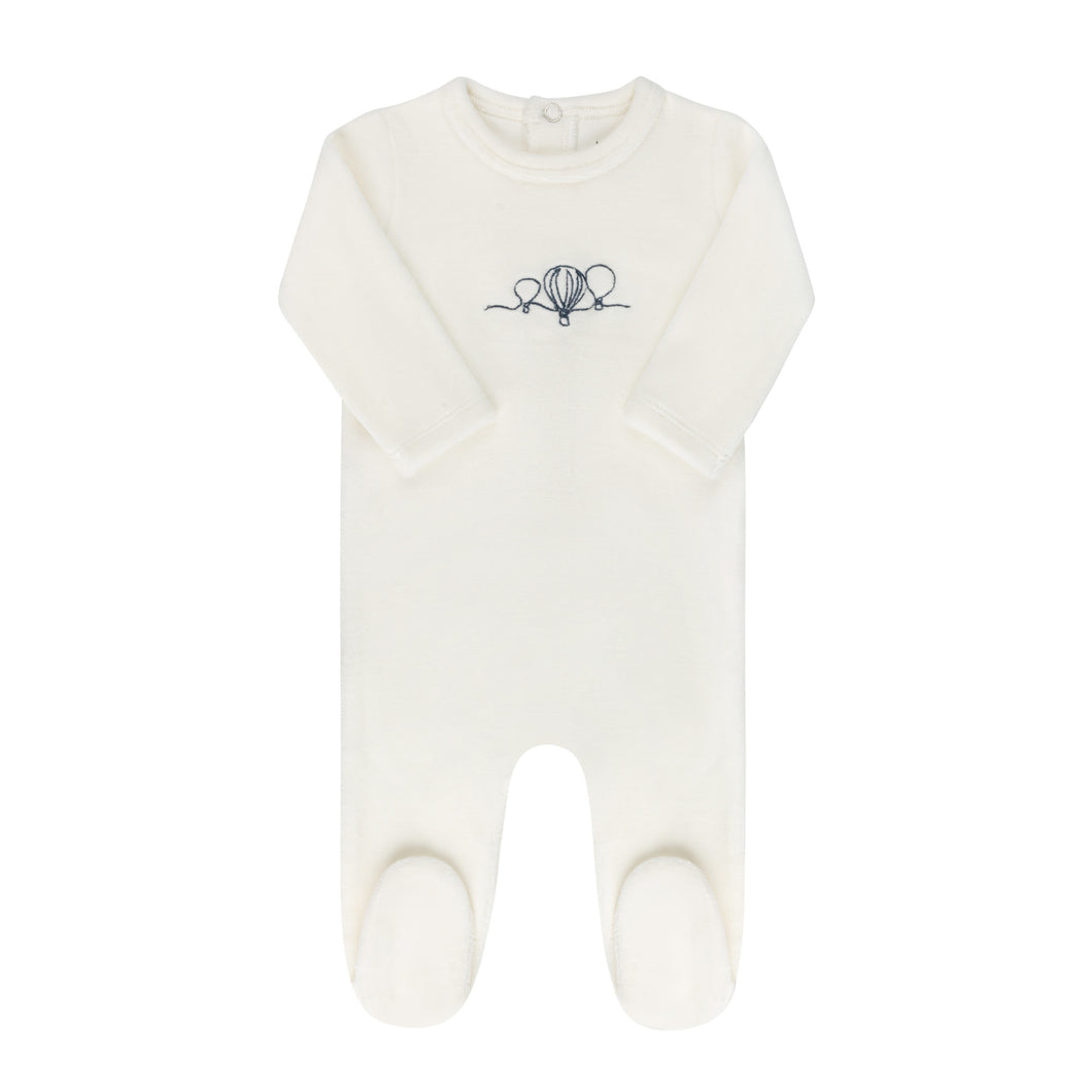 Velour embroidered hot air balloon footie - Ivory