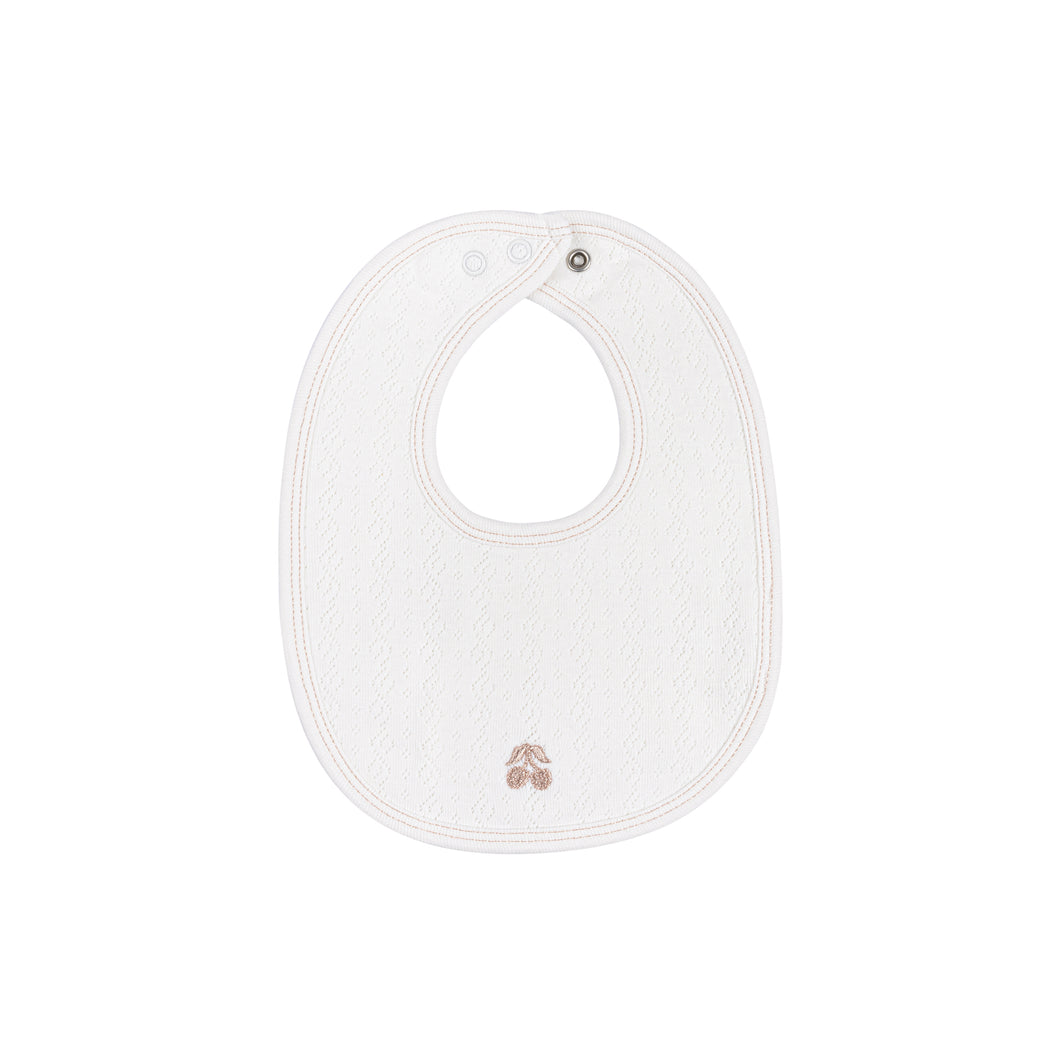 Organic embroidered cherry pointelle bib - cream