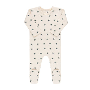 Waffle olive footie - Navy on cream