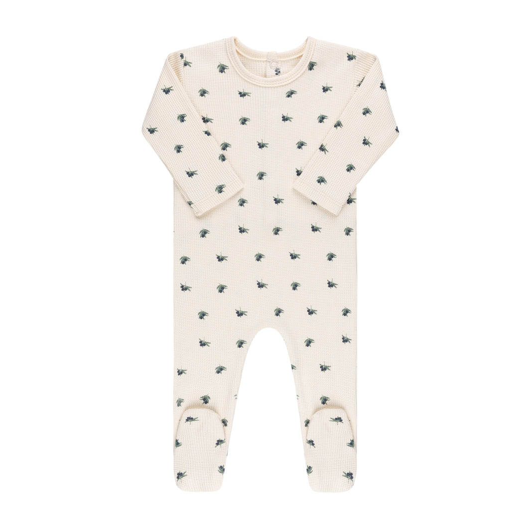Waffle olive footie - Navy on cream