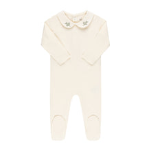 Load image into Gallery viewer, Embroidered collar cotton footie and bonnet - Cream with leaf
