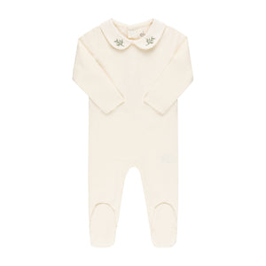 Embroidered collar cotton footie and bonnet - Cream with leaf