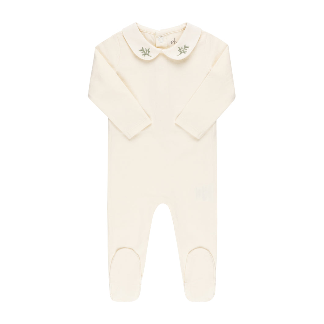 Embroidered collar cotton footie and bonnet - Cream with leaf