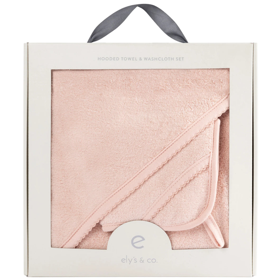 Solid scalloped hooded towel and washcloth set - Pink