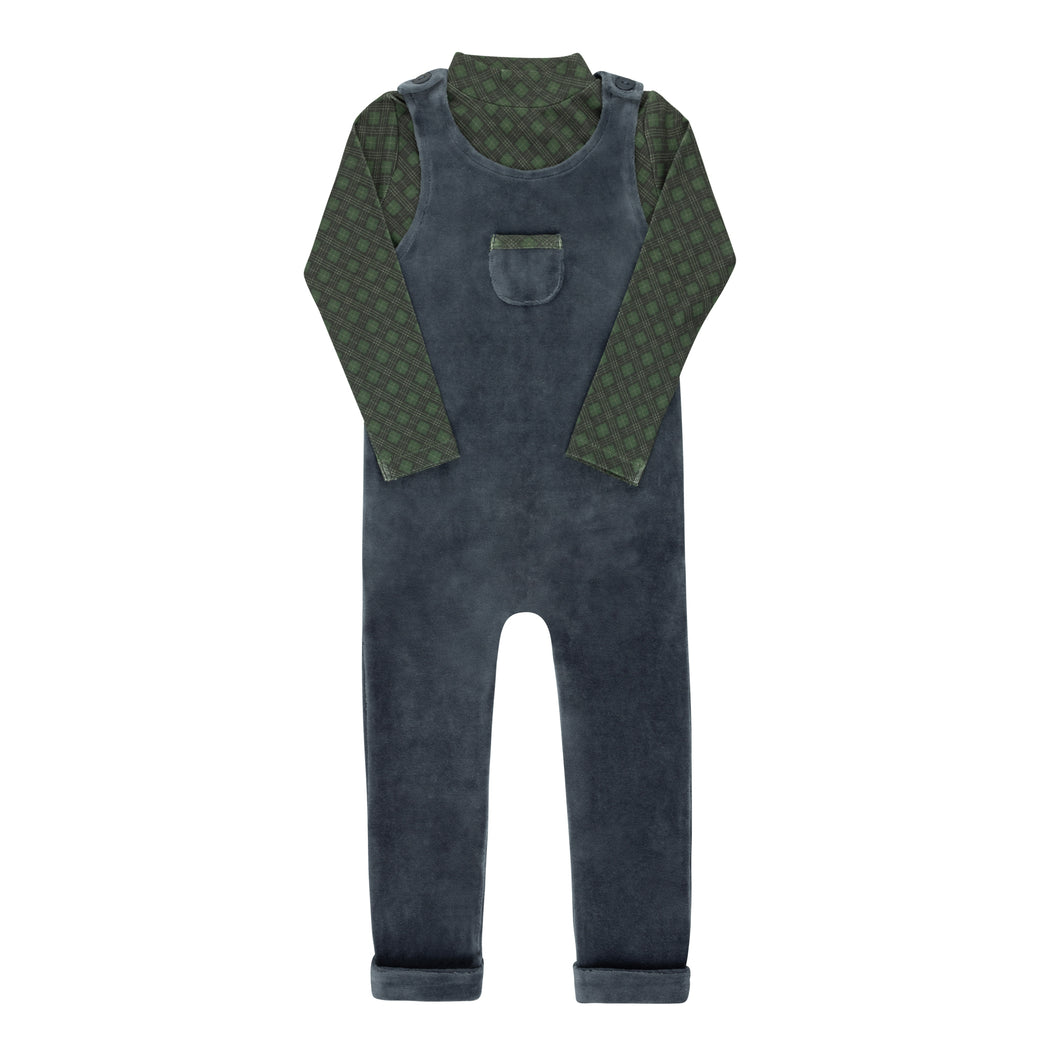 Velour plaid bear collection - Overalls and turtleneck - Blue
