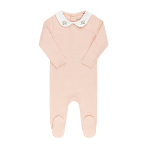 Embroidered collar cotton footie and bonnet - Pink