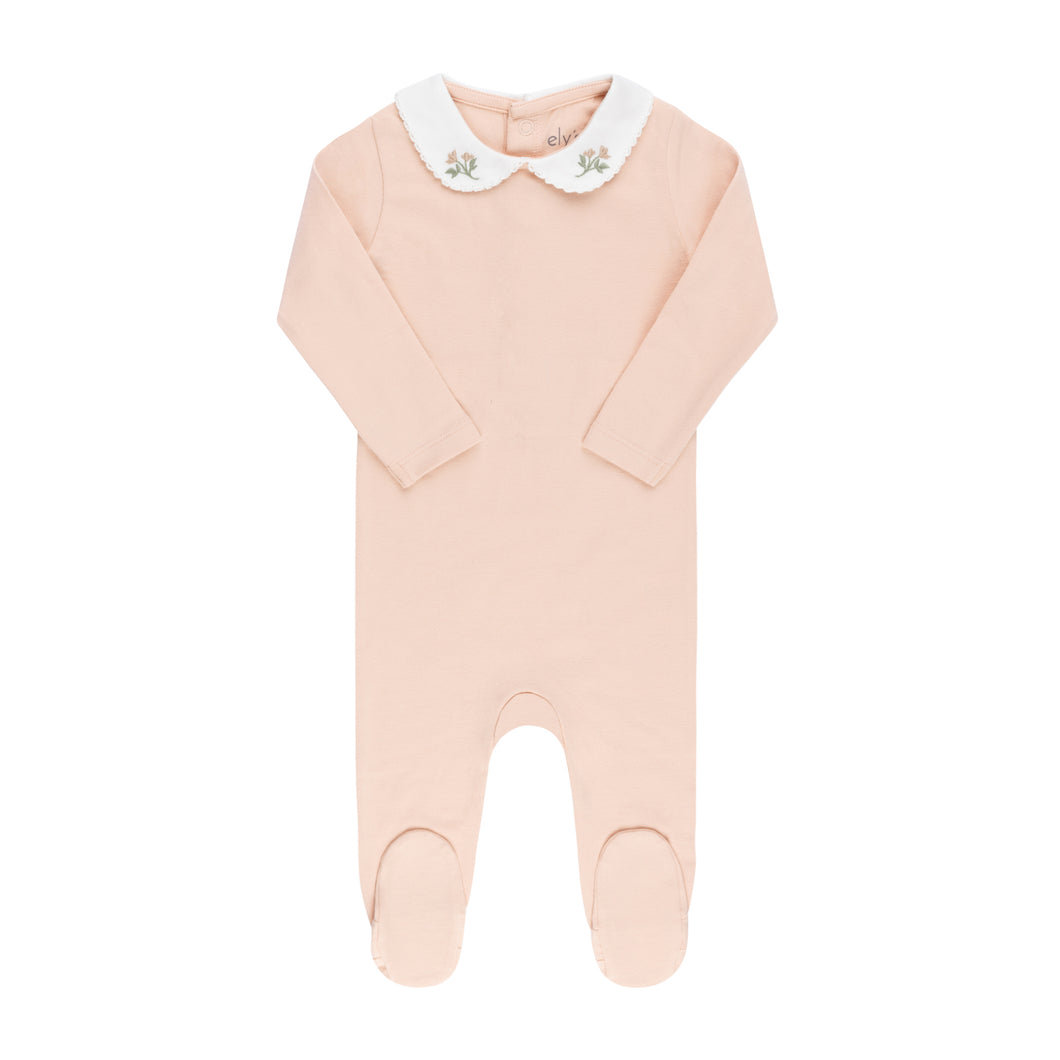 Embroidered collar cotton footie and bonnet - Pink
