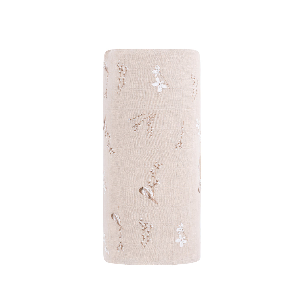 Vintage birds bamboo muslin swaddle - Tan