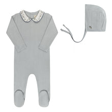 Load image into Gallery viewer, Floral Embroidered Collar Collection - Blue - Footie + Bonnet
