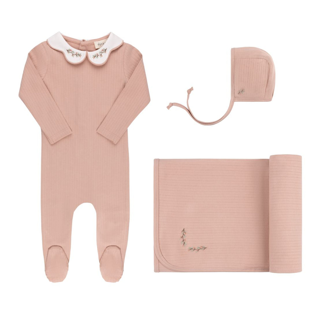 Organic cotton wide rib embroidered layette set - Pink