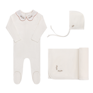 Organic cotton wide rib embroidered layette set - Ivory/pink