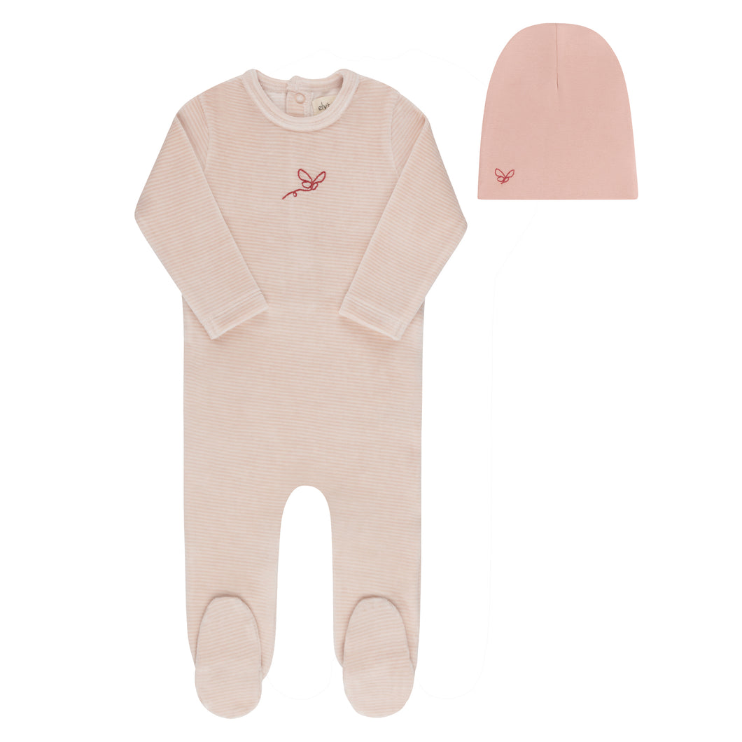 Velour stripe collection - Footie and beanie - Light pink