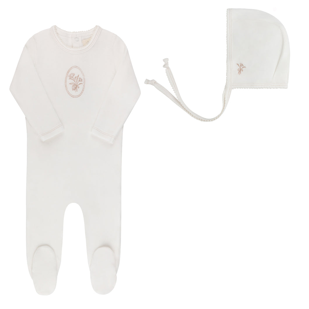 Velour center floral collection  - Footie and bonnet - Ivory/rosegold