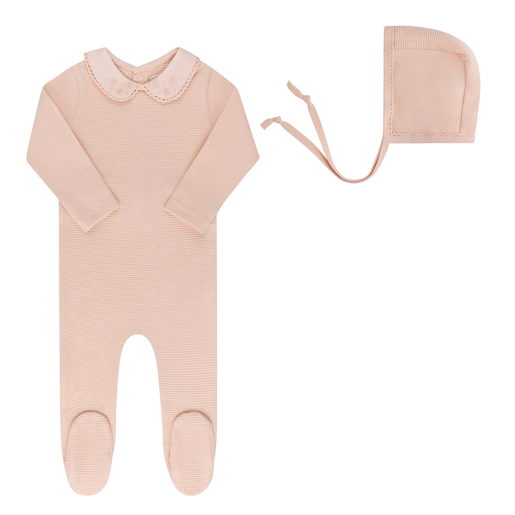 Embroidered collar collection - Footie and bonnet - Pink