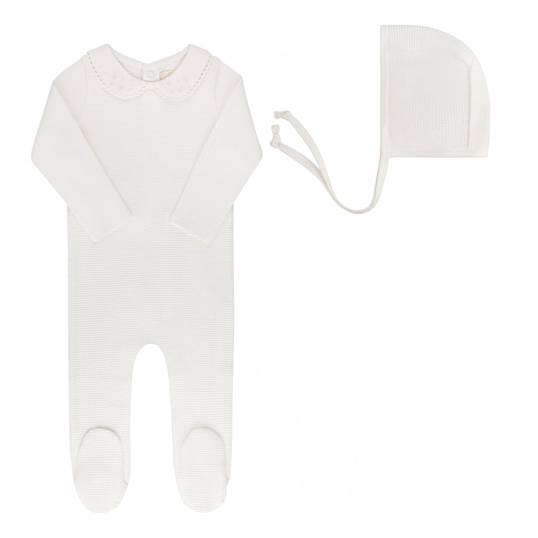 Embroidered collar collection - Footie and bonnet - Ivory boy