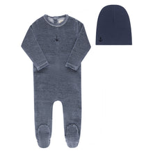 Load image into Gallery viewer, Velour stripe collection - Footie and beanie - Dark blue
