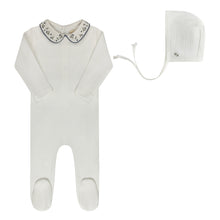 Load image into Gallery viewer, Floral Embroidered Collar Collection - Ivory Blue - Footie + Bonnet
