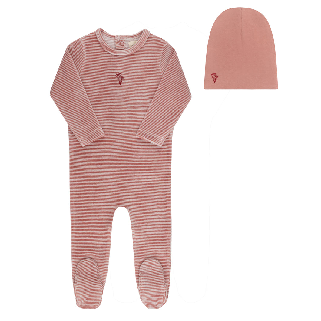 Velour stripe collection - Footie and beanie - Dark pink