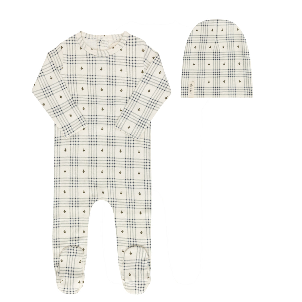 Floral plaid collection - Footie and beanie - Ivory/blue