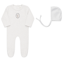 Load image into Gallery viewer, Bunny Pin Dot Collection - Ivory Boy - Footie + Bonnet
